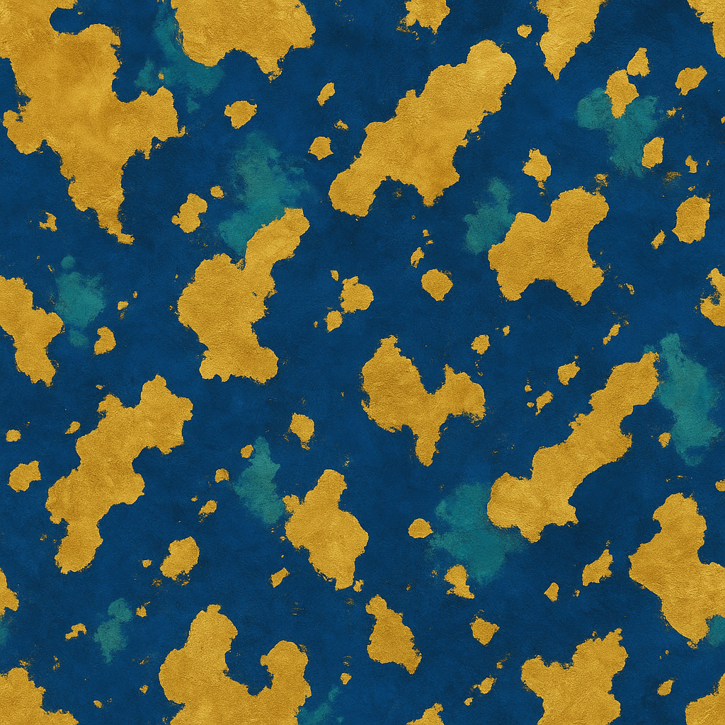 Blue and gold wallpaper with archipelago pattern.