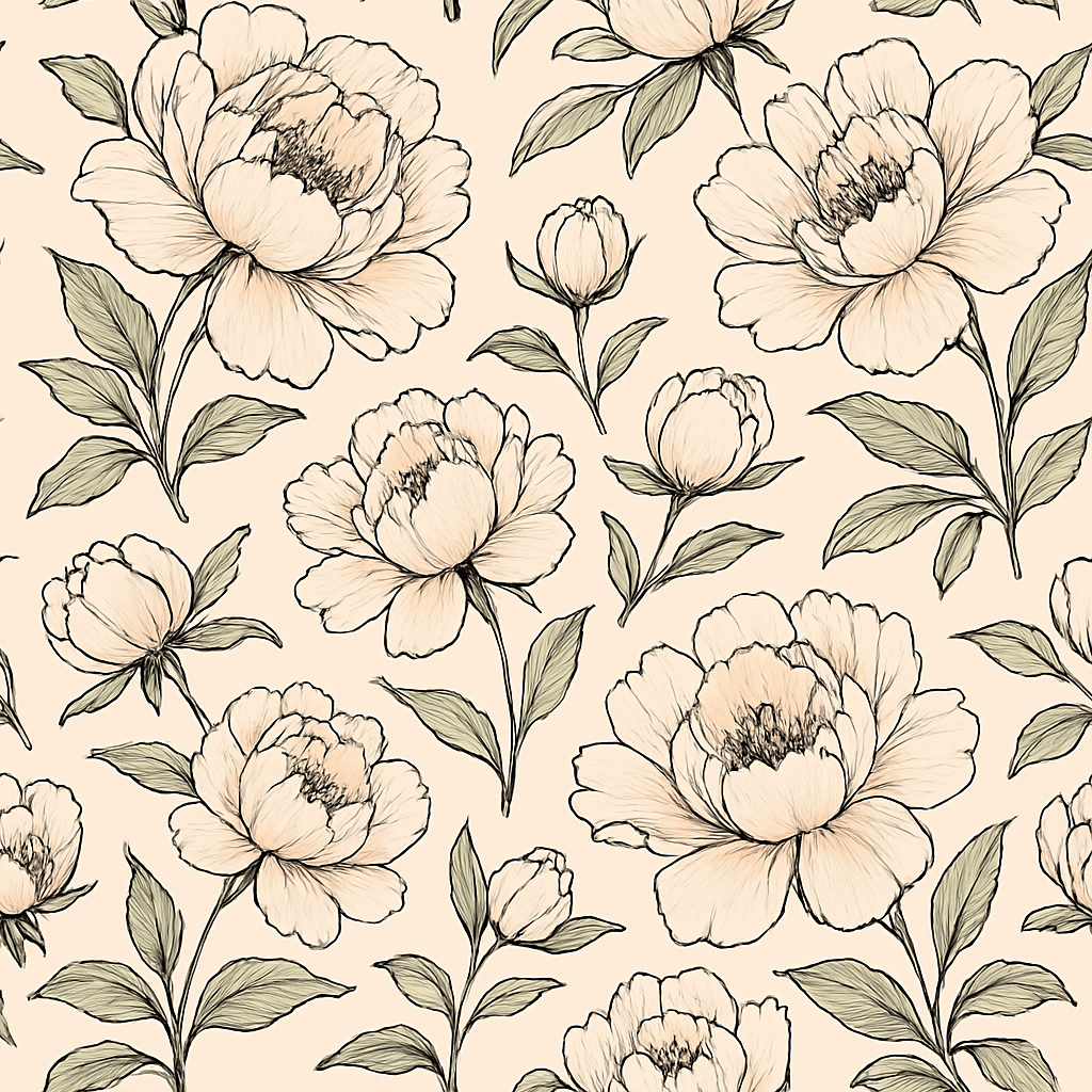 Floral Ink Bloom Wallpaper with leaves by Wallpapers, featuring a hand-drawn peony pattern.