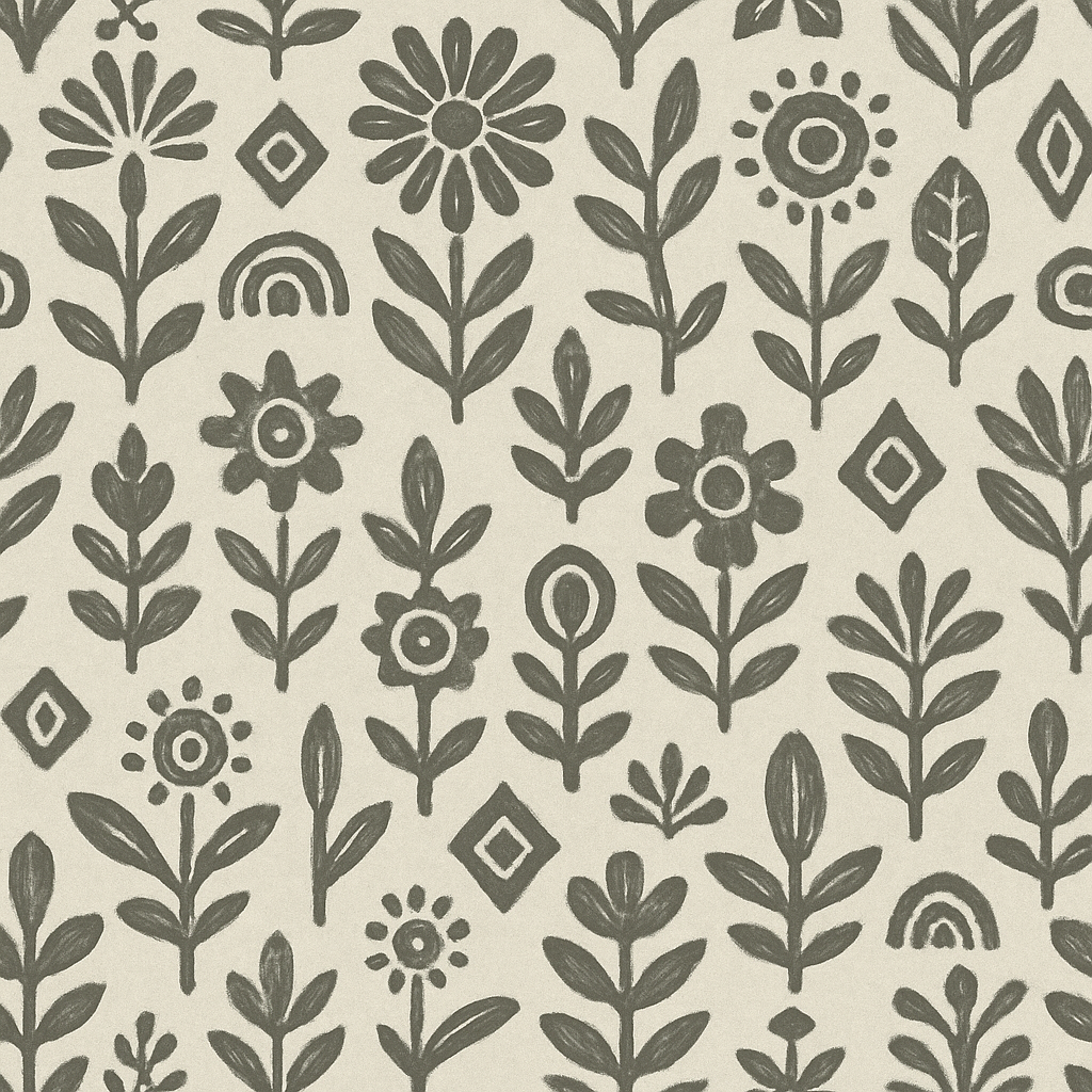 Gray artisan ink wallpaper with floral and geometric folk art pattern.
