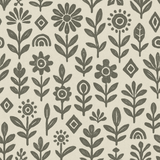 Gray artisan ink wallpaper with floral and geometric folk art pattern.