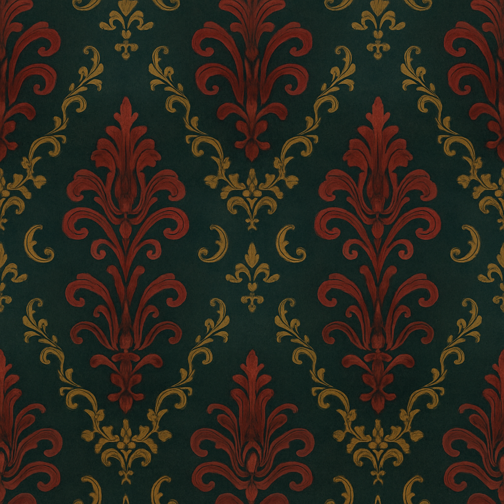 Damask wallpaper with red and gold pattern details against a dark green background.