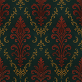 Damask wallpaper with red and gold pattern details against a dark green background.