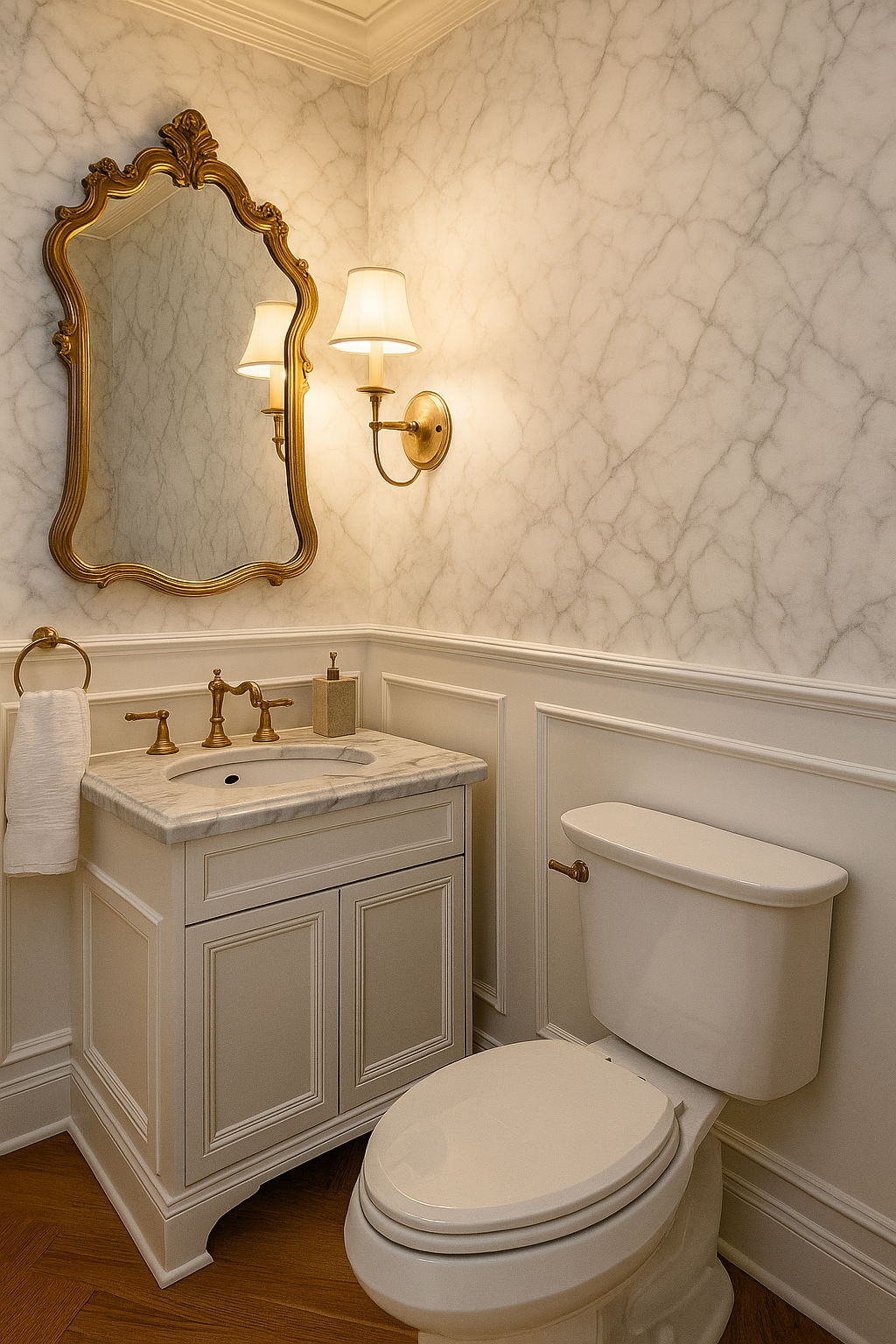 Classic marble wallpaper with grey veining pattern, seen on a bathroom wall.