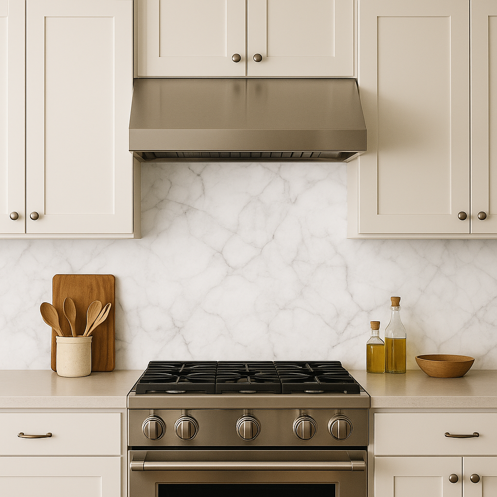 Classic marble wallpaper with white veining, showing subtle variations in tone.