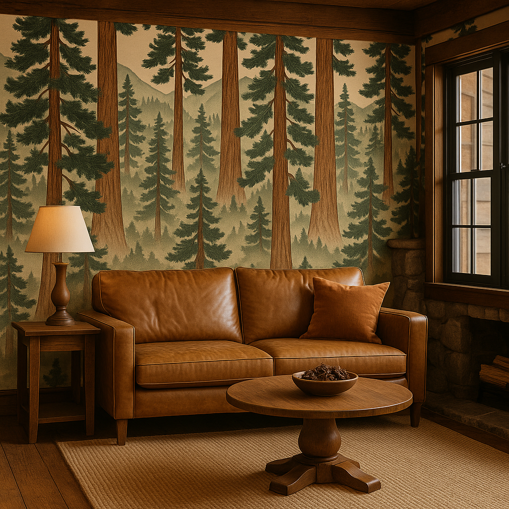 Treescape print wallpaper with redwoods in Kyoto style, forest pattern, styled in a rustic living room.