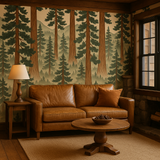 Treescape print wallpaper with redwoods in Kyoto style, forest pattern, styled in a rustic living room.