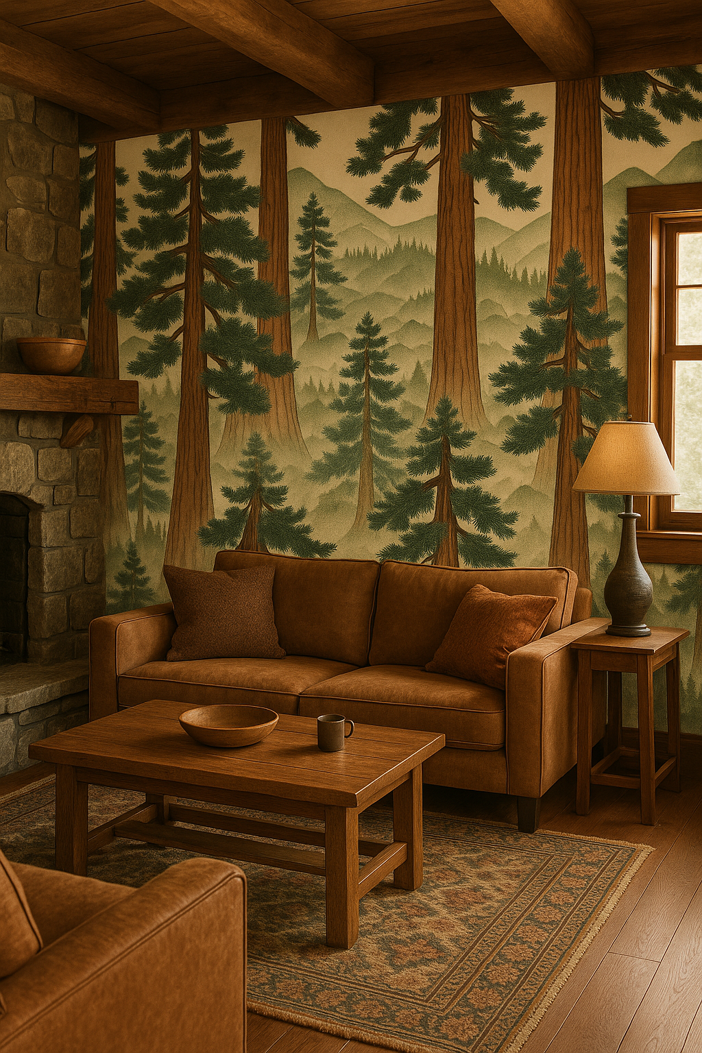 Redwoods in Kyoto wallpaper with repeating forest pattern in a neutral toned living room.
