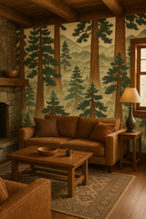 Redwoods in Kyoto wallpaper with repeating forest pattern in a neutral toned living room.

