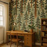 Redwoods in Kyoto wallpaper with a forest pattern, covering a wall in a home office.