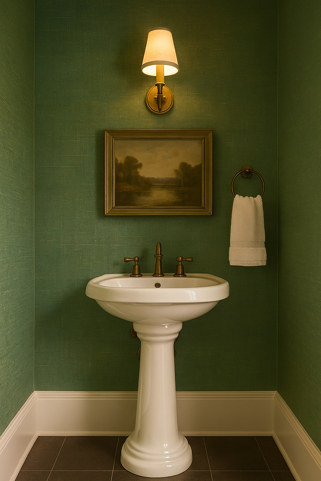 Green pine linen wallpaper with texture, displayed on the bathroom wall behind a sink and landscape painting.
