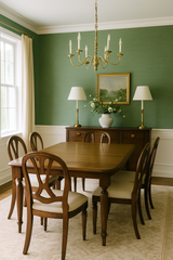Green pine linen wallpaper with a subtle woven texture, covering the dining room wall.