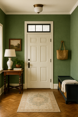 Green pine linen wallpaper with subtle texture, styled in an entryway with a white door and wood floors.
