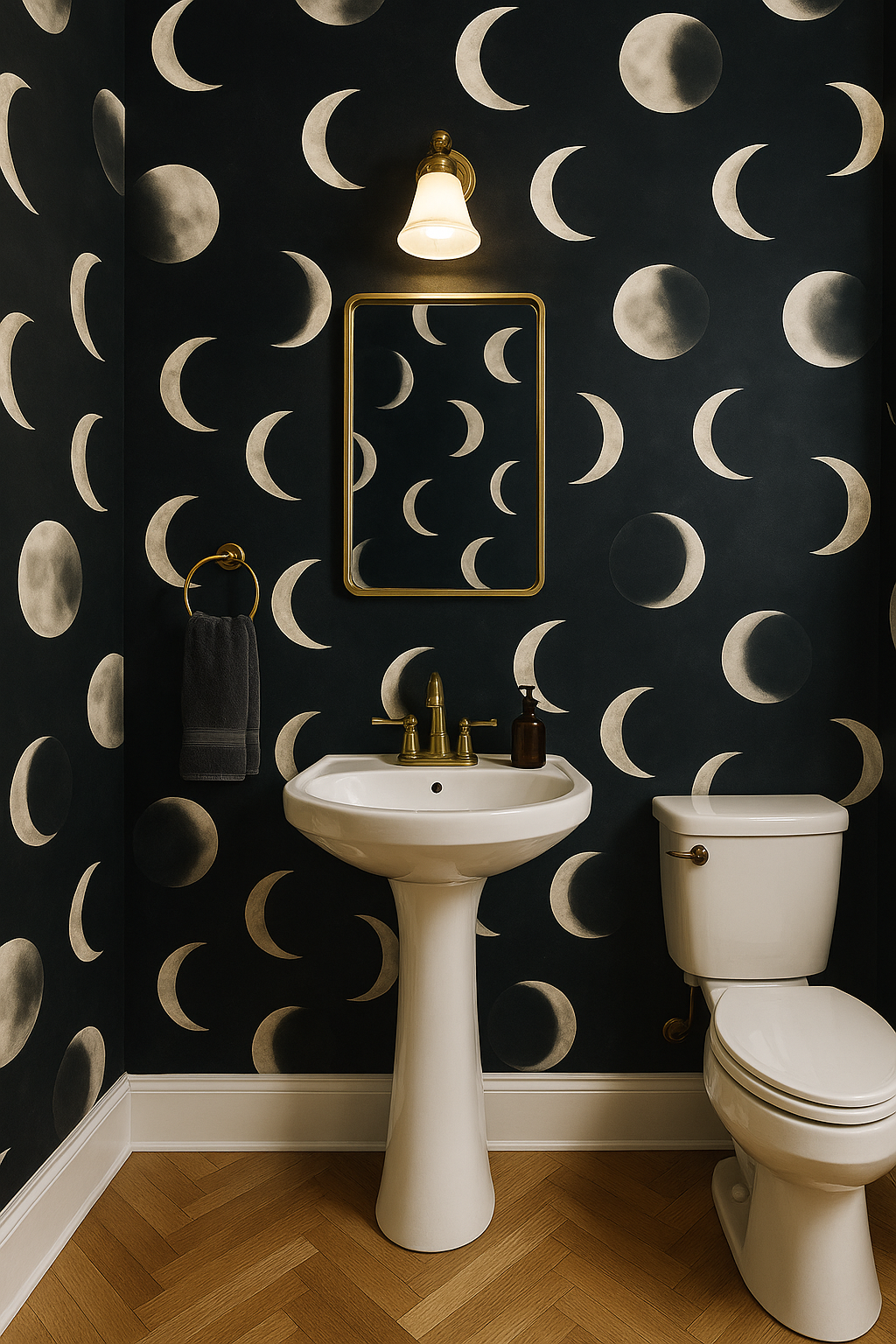Lunar Veil wallpaper with a moon phase pattern on a dark blue background covering the bathroom wall.
