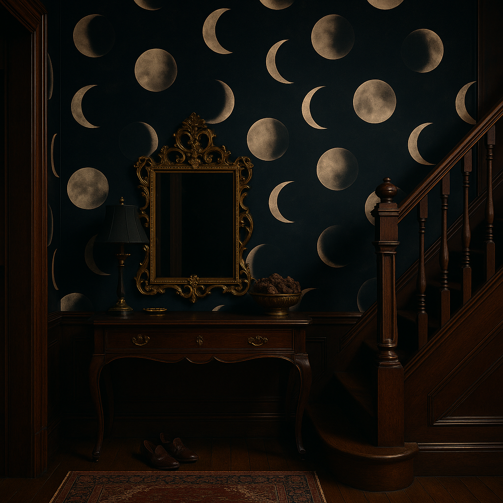 Blue wallpaper with a moon phase pattern, featuring a lunar veil.