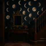 Blue wallpaper with a moon phase pattern, featuring a lunar veil.