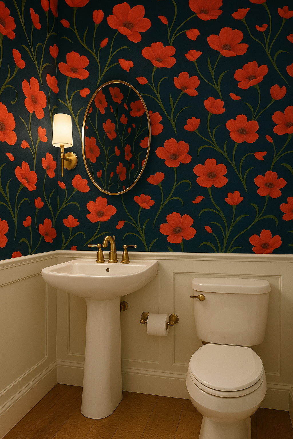 Floral wallpaper with red poppies and green stems over a dark blue background.