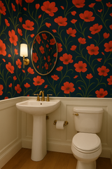 Floral wallpaper with red poppies and green stems over a dark blue background.