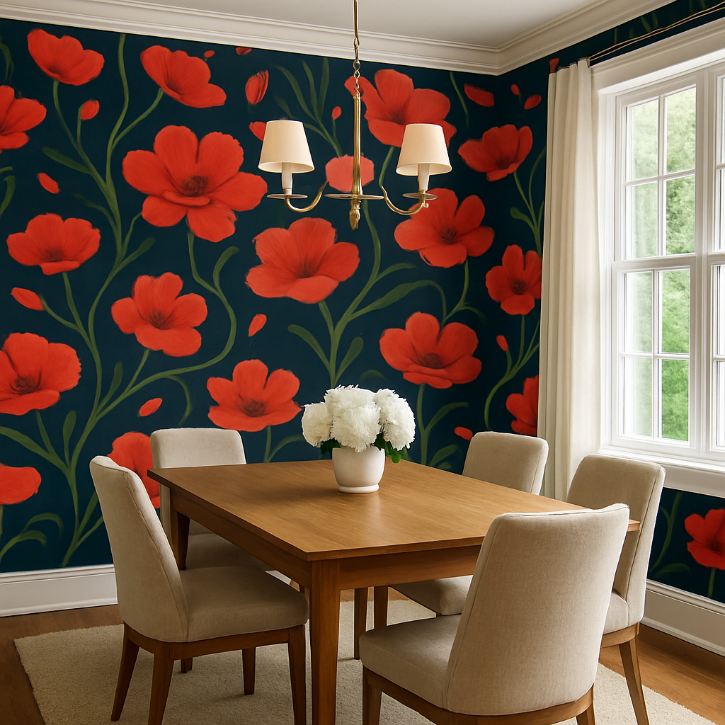 Floral wallpaper with a poppy pattern by Dali's Garden, shown in a dining room setting.
