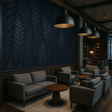 Twilight Fern wallpaper with leaf pattern, dark navy blue and light gray.
