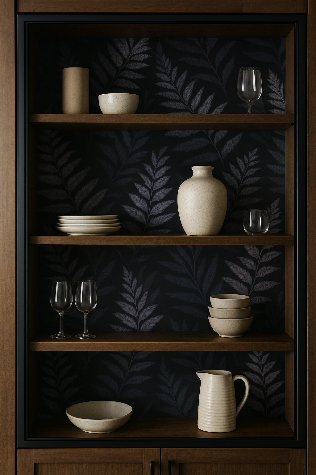 Twilight Fern Wallpaper with a dark fern pattern against a black background.
