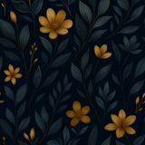 Botanical wallpaper with dark blue leaves and golden flowers pattern.
