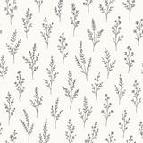 Botanical linework wallpaper with floral pattern on a white background.