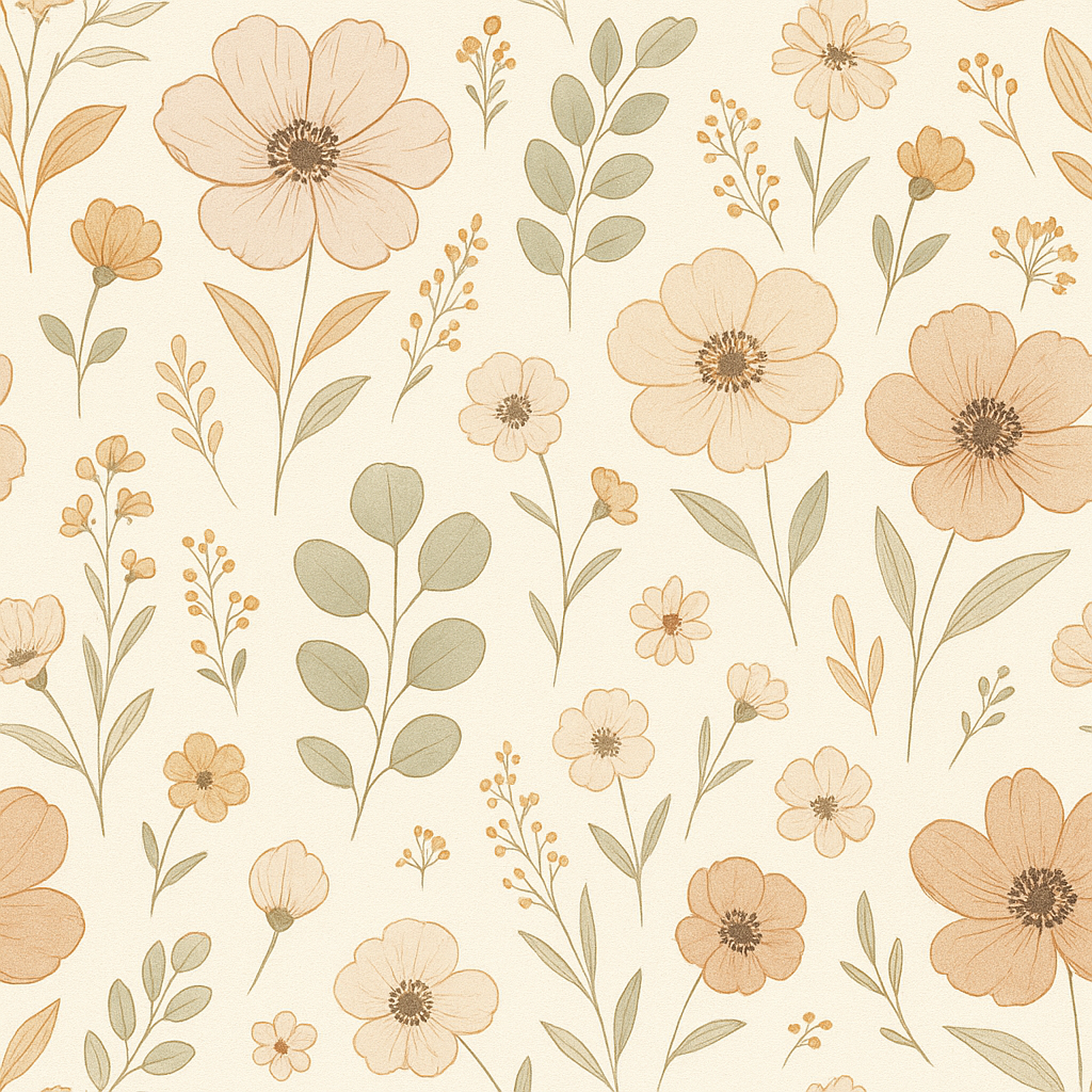 Floral wallpaper with beige and tan flowers from a repeating pattern.