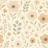 Floral wallpaper with beige and tan flowers from a repeating pattern.