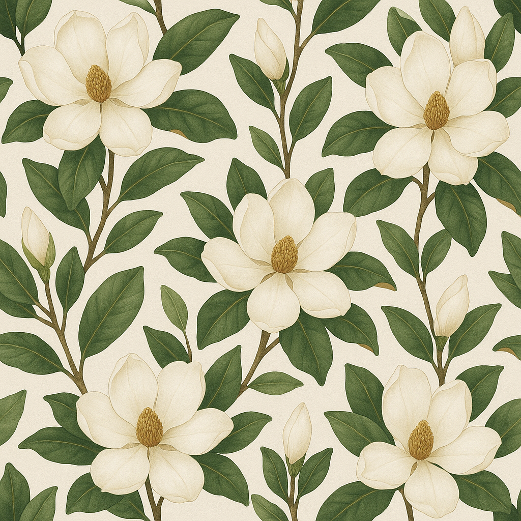 Southern magnolia wallpaper with a floral and leaf pattern on a cream background.