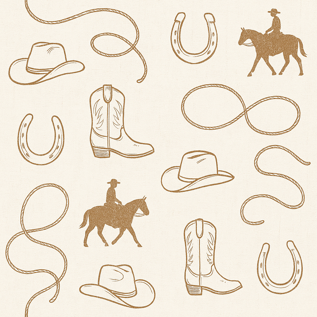 Tan cowboy-themed wallpaper with hats, boots, horseshoes, and rope.