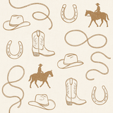 Tan cowboy-themed wallpaper with hats, boots, horseshoes, and rope.