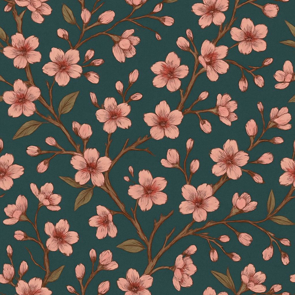Floral wallpaper with pink cherry blossoms on branches and green leaves over a dark teal background.