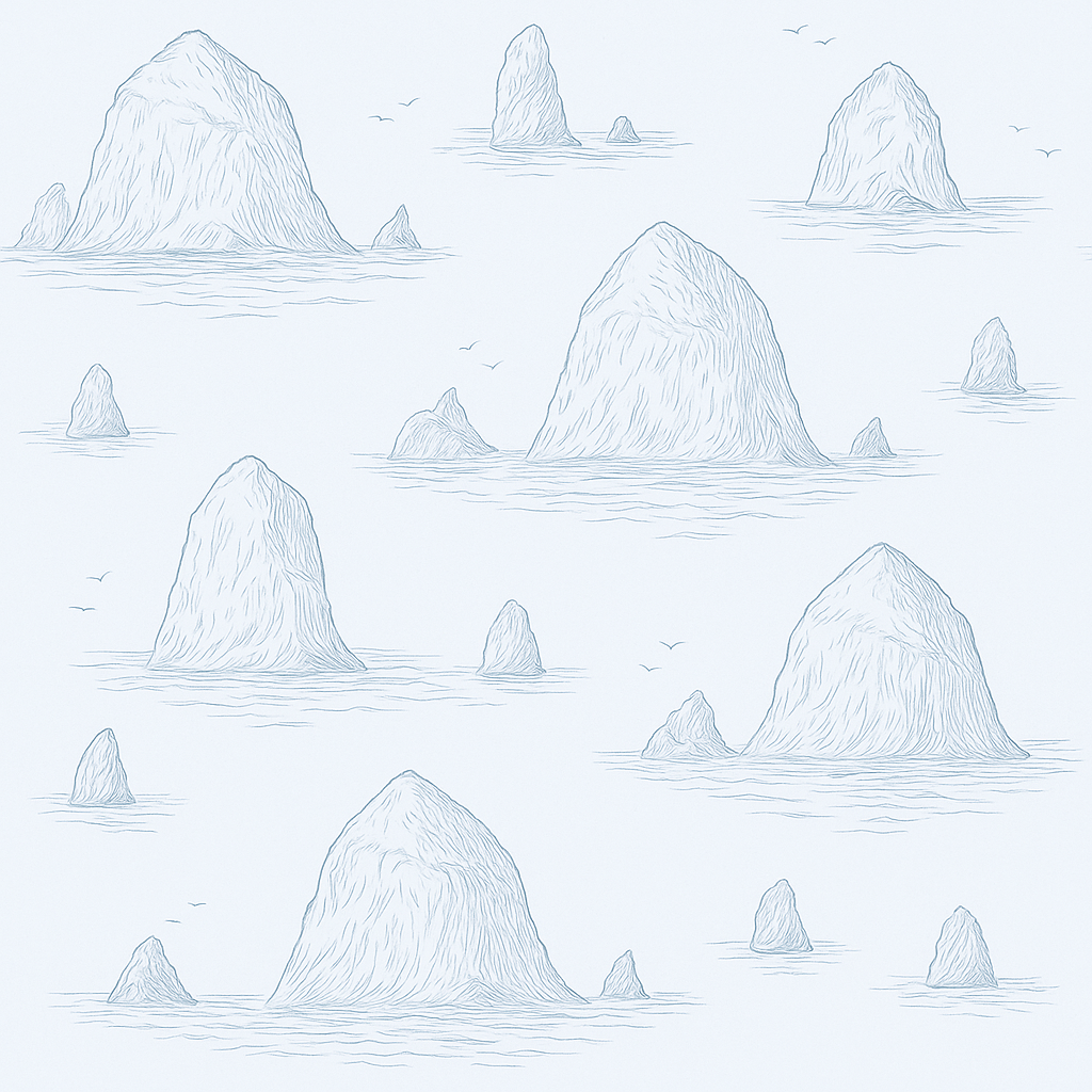 Light blue haystack rock patterned wallpaper with water and seagull line drawing details.