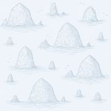 Light blue haystack rock patterned wallpaper with water and seagull line drawing details.