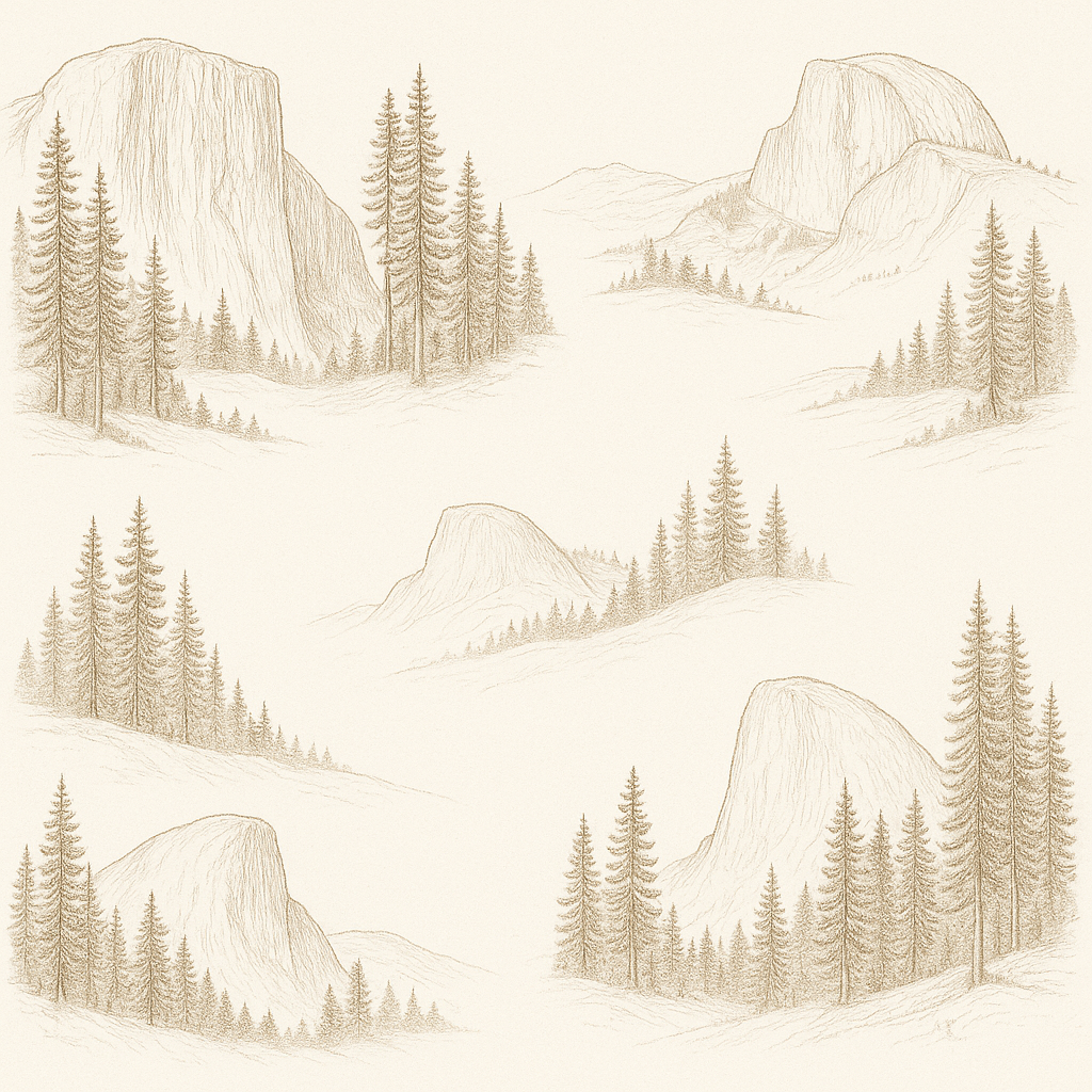Old Yosemite wallpaper with a sepia-toned sketch of mountains and coniferous trees.