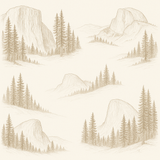 Old Yosemite wallpaper with a sepia-toned sketch of mountains and coniferous trees.