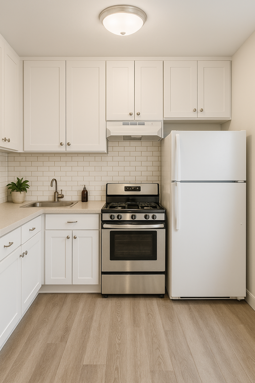 Glazed tile wallpaper with a brick pattern, in a kitchen setting, with cabinets and appliances.