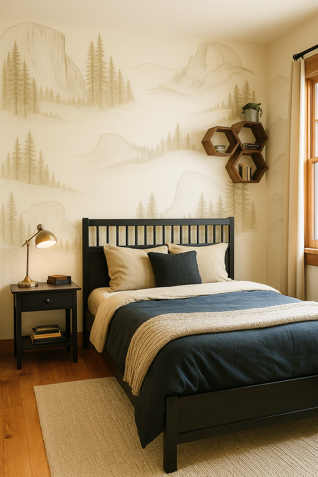 Old Yosemite Wallpaper featuring a mountain and forest sketch, covering the walls in a bedroom scene.