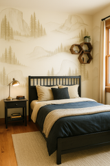 Old Yosemite Wallpaper featuring a mountain and forest sketch, covering the walls in a bedroom scene.