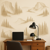 Old Yosemite wallpaper featuring a mountain and forest landscape in sepia tones.
