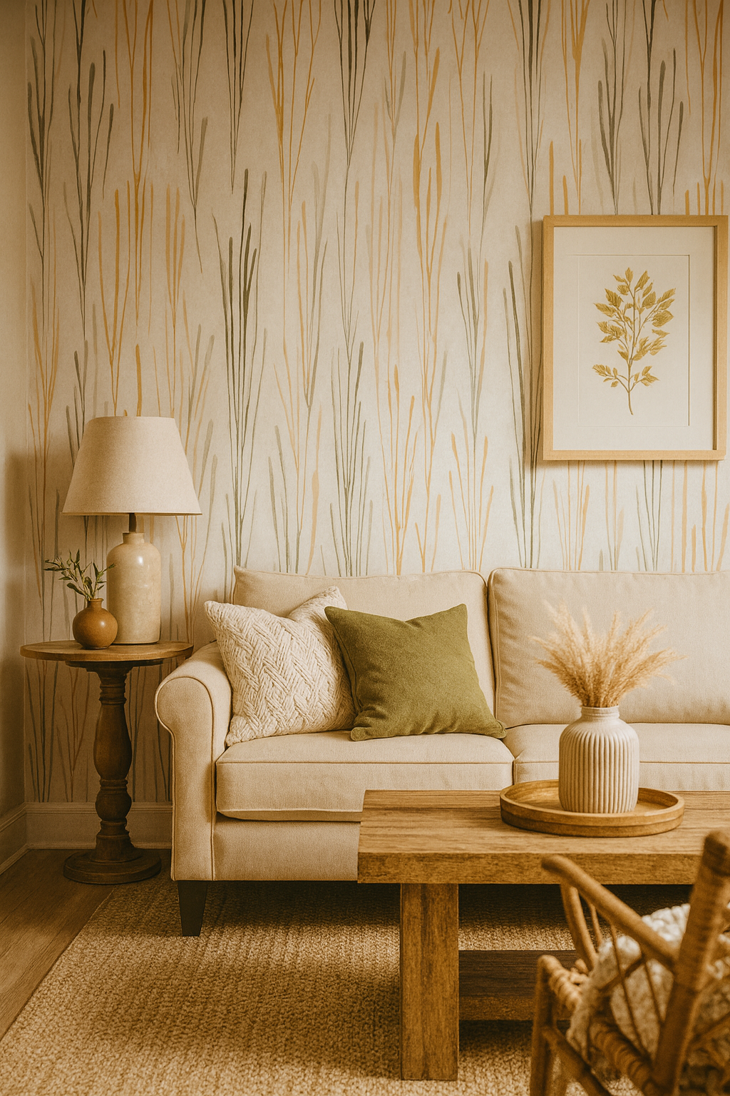 Prairie Aria Wallpaper featuring vertical wheat-like pattern with beige, brown and green tones.