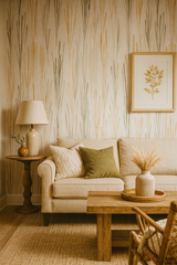 Prairie Aria Wallpaper featuring vertical wheat-like pattern with beige, brown and green tones.