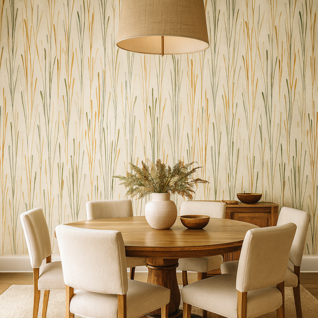 Prairie Aria Wallpaper with vertical painted foliage pattern on a beige background.

