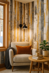 Birch & brass wallpaper with vertical gray and gold abstract birch tree pattern.