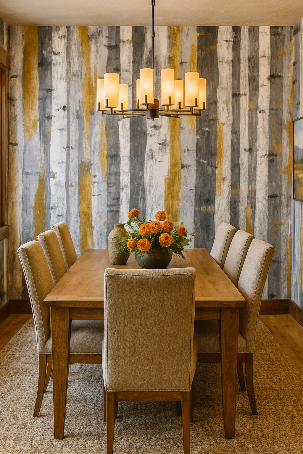 Birch and brass wallpaper with vertical stripes of gold, gray, and white.