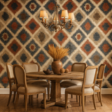 Red Rock Tapestry Wallpaper with diamond ikat pattern.
