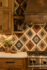 Southwestern style tapestry wallpaper featuring a geometric diamond pattern in neutral, red, and blue hues.