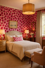 Rose Ember wallpaper with pink watercolor pattern, covering a bedroom wall.