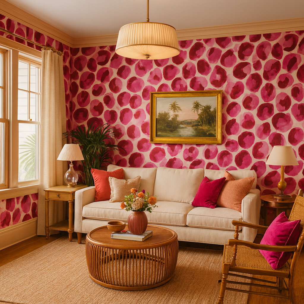 Rose Ember Wallpaper with pink watercolor pattern, displayed in a coordinated living room.
