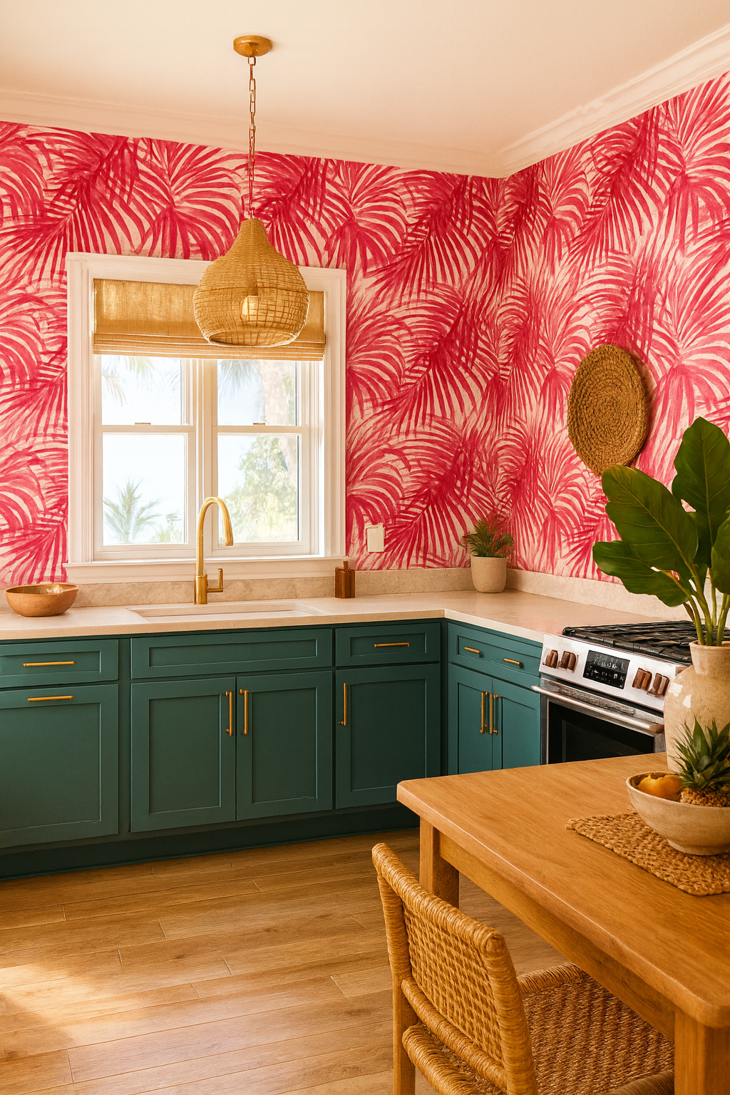 Palm leaf patterned wallpaper with a red and white design.